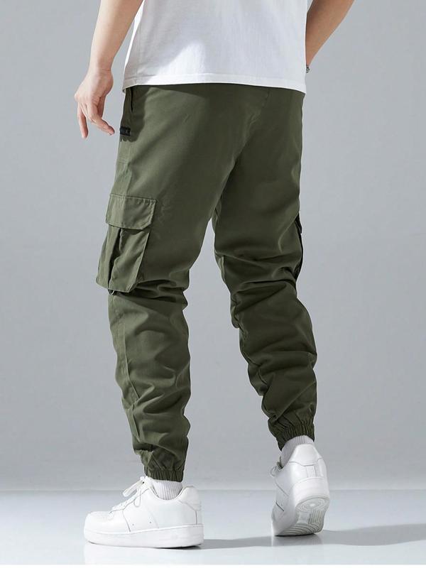 Men's Solid Color Pocket Zipper Cargo Pants, Regular Fit Casual Comfy Drawstring Elastic Waist Trousers for Daily Wear, Men's Bottoms for All Seasons