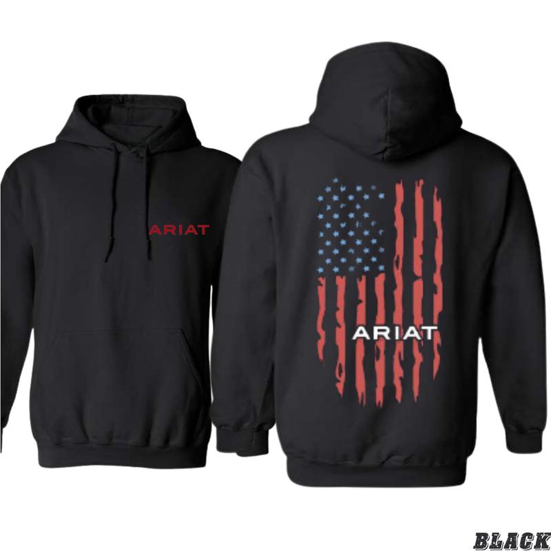 Ariat Hoodie - Distressed American Flag Design with Red Logo, Boyfriend Gift . Gildan, Long Sleeve, Unisex - Pullover, Tops