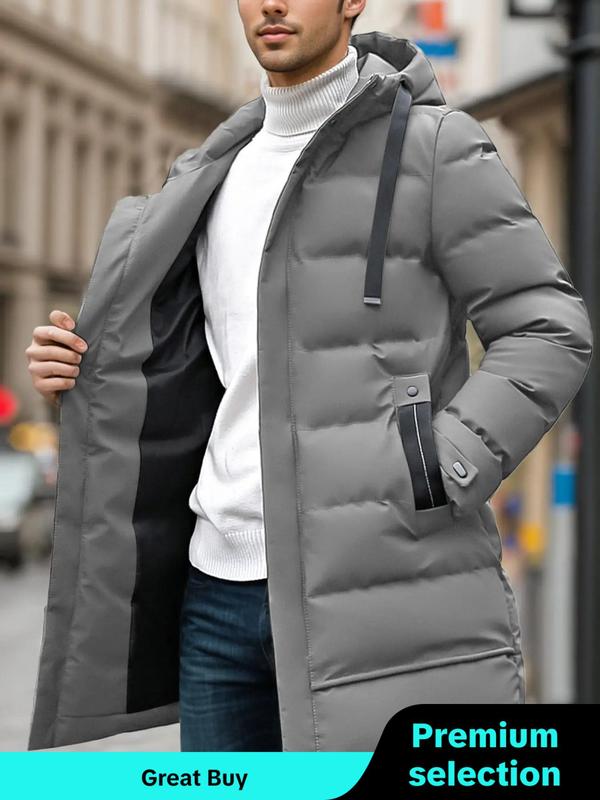 Men's Solid Zip Up Thermal Lined Hooded Winter Coat, Regular Fit Casual Long Sleeve Drawstring Pocket Outerwear for Fall & Winter, Jackets for Men, Men's Winter Jacket for Daily Wear