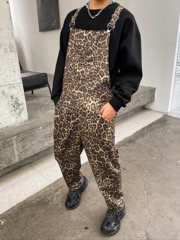  All Over Leopard Print Suspender Pants, Casual Comfy Regular Fit Overalls Trousers for Daily Wear, Men's Bottoms for All Seasons