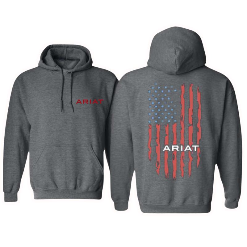 Ariat Hoodie - Distressed American Flag Design with Red Logo, Boyfriend Gift . Gildan, Long Sleeve, Unisex - Pullover, Tops