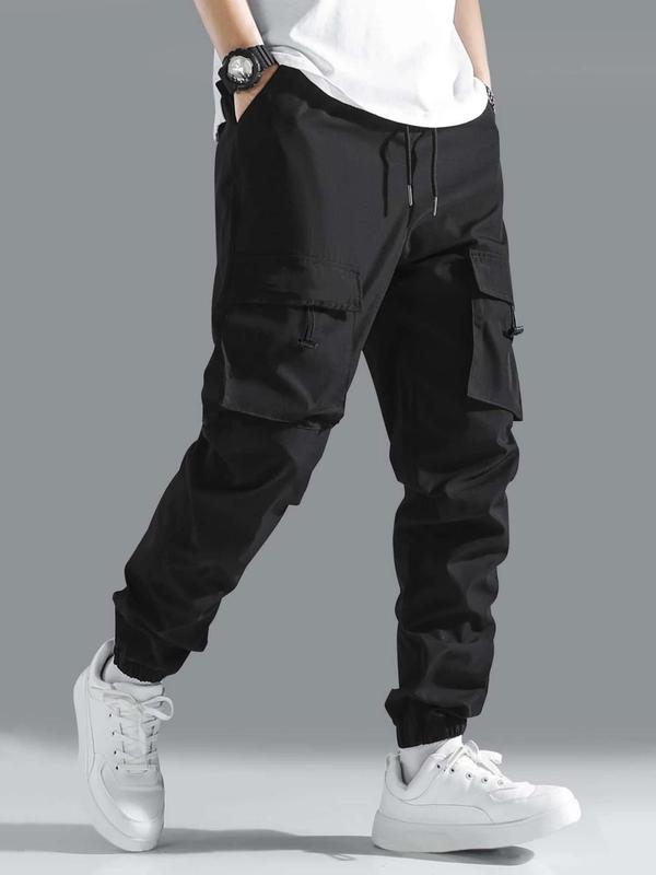 Men's Solid Drawstring Waist Cargo Pants, Street Fashion Casual Pocket Trousers for Daily Wear, Men's Bottoms for Spring & Fall