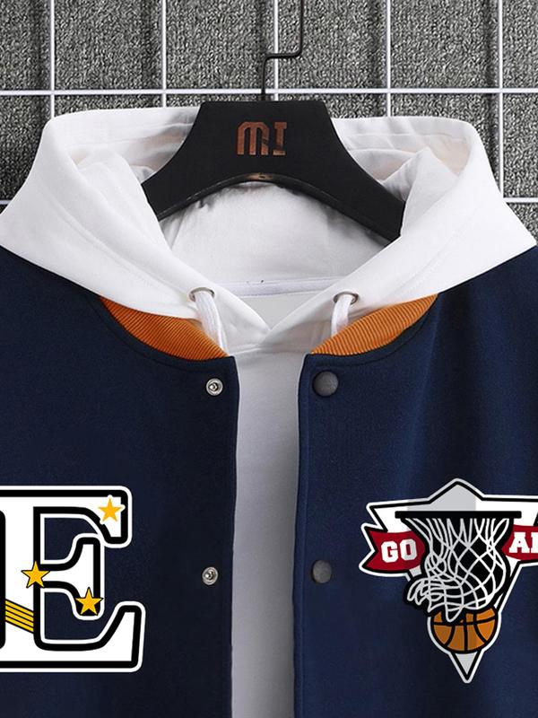 Men's Colorblock Letter & Basketball Print Button Front Varsity Jacket, Regular Fit Casual Drop Shoulder Long Sleeve Baseball Collar Outerwear for Fall & Winter, Men's Clothes for Daily Wear