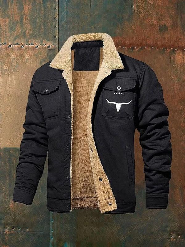 Men's Retro Western Winter Fleece Jacket with Multi-Pocket Design - Menswear, Coats