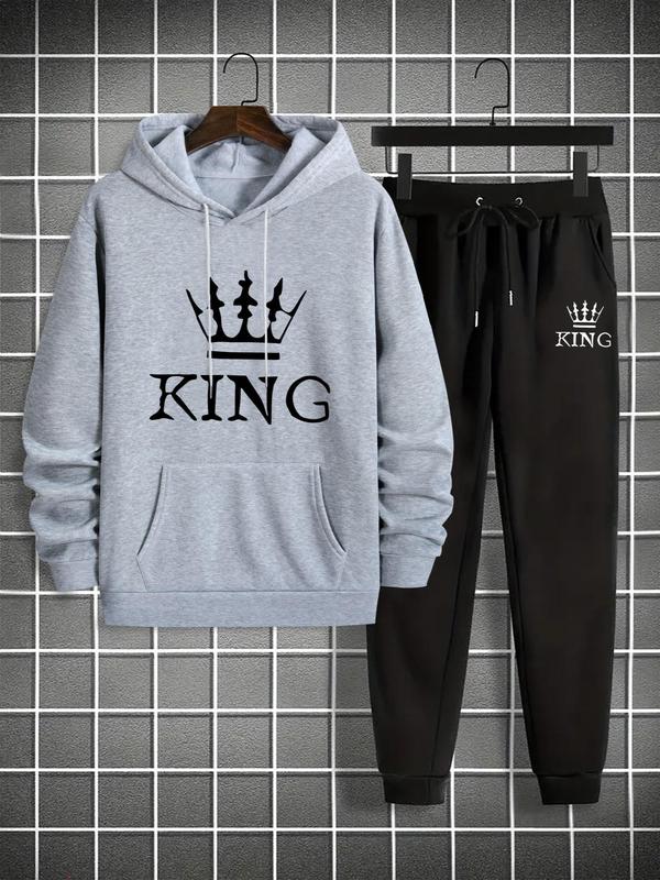 Men's Thermal Lined King Print Sweatshirt & Drawstring Waist Sweatpants Two-piece Set, Casual Long Sleeve Hooded Pullover & Pocket Jogger Pants for Fall & Winter, Men's Clothes for Daily Wear