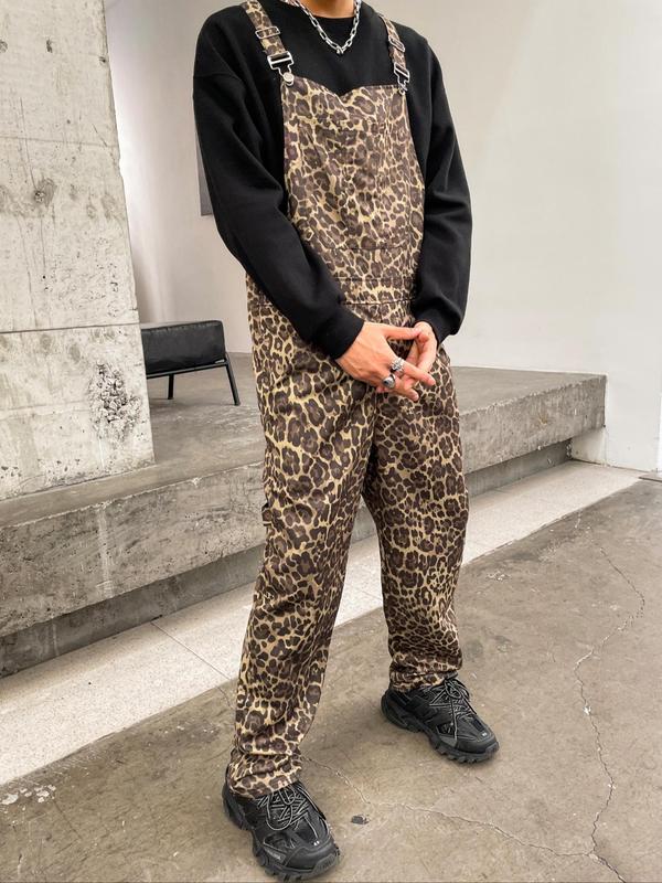  All Over Leopard Print Suspender Pants, Casual Comfy Regular Fit Overalls Trousers for Daily Wear, Men's Bottoms for All Seasons