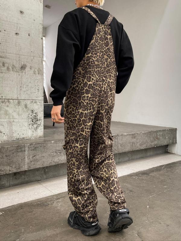  All Over Leopard Print Suspender Pants, Casual Comfy Regular Fit Overalls Trousers for Daily Wear, Men's Bottoms for All Seasons