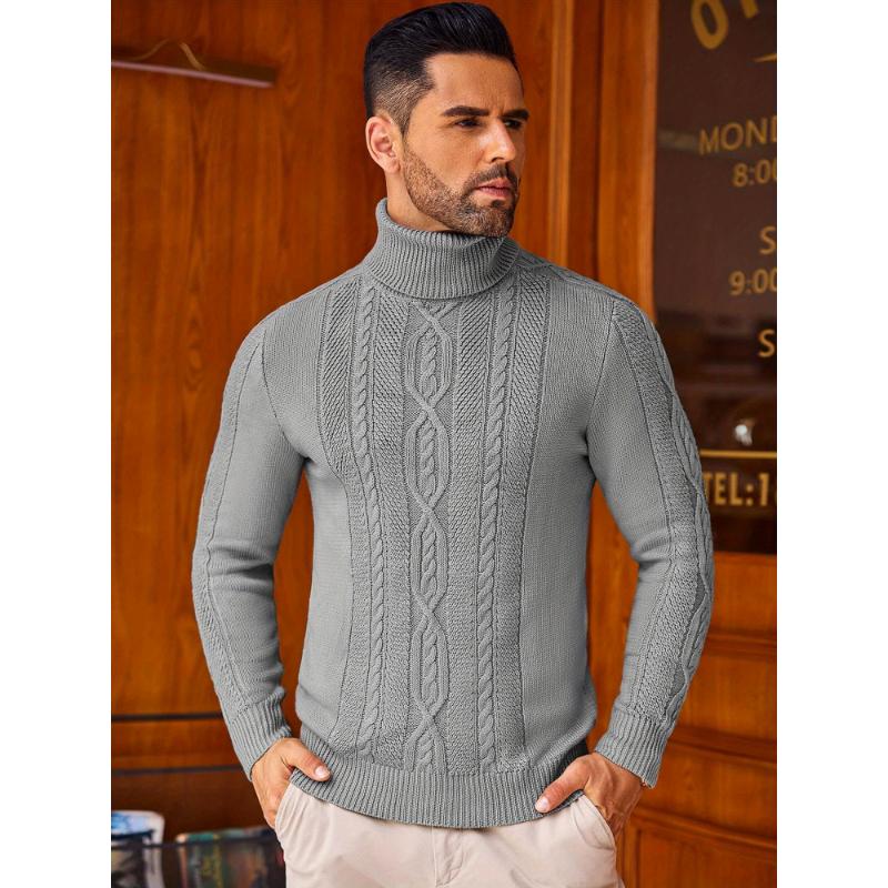 1pc Men'S Casual Turtleneck Sweater - Slim Fit, Polyester Knit Pullover, Twisted Cable Pattern, Long Sleeve, Regular Length - Warm and Cozy for Autumn Winter