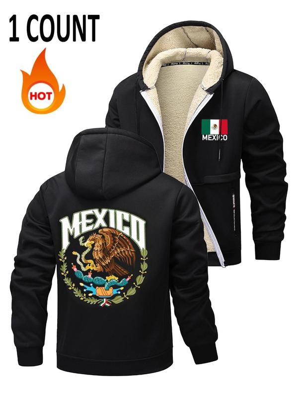 Men's Mexico Flag & Letter Print Zip Up Fleece Jacket, Regular Fit Casual Long Sleeve Outerwear for Fall & Winter, Men's Clothes for Daily Wear