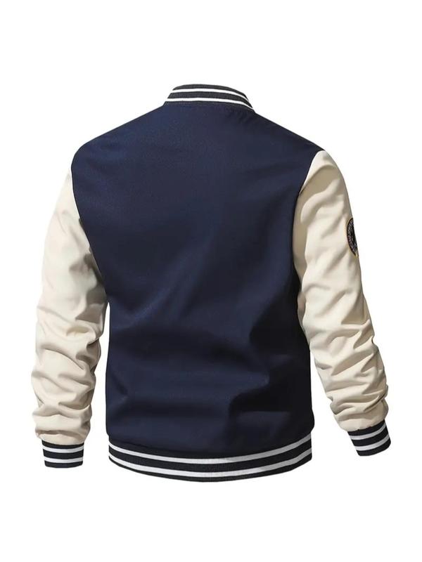 Men's Letter Patched Zip Up Pocket Sports Baseball Jacket, Back To School Clothes, Casual Sporty Long Sleeve Stand Collar Outerwear for Daily Wear,  Men's Clothing, Bomber Jacket, Men's Sportswear for All Seasons, Fall Outfits, Fallfreshness