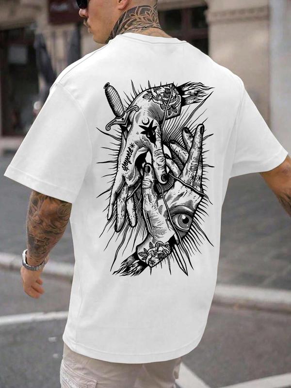 Unisex Men's Cartoon Hands Print Drop Shoulder Round Neck Tee, Back To School Outfits, Regular Fit Street Casual Crew Neck Short Sleeve T-Shirt for Summer, Graphic Tees, Streetwear for Daily Wear