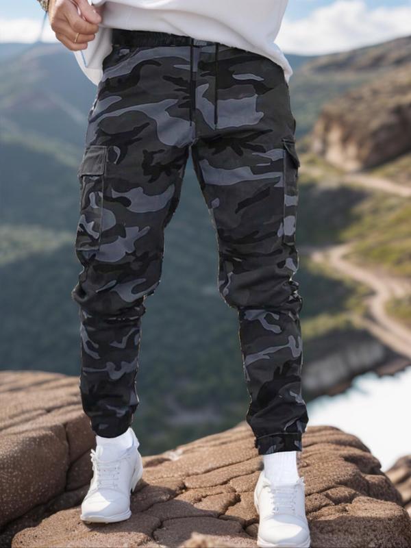 Men's All Over Camo Print Patched Drawstring Waist Cargo Pants, Regular Fit Casual Pocket Trousers for Spring & Fall, Fashion Men's Bottoms for Daily Wear