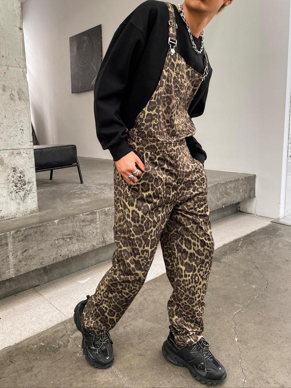  All Over Leopard Print Suspender Pants, Casual Comfy Regular Fit Overalls Trousers for Daily Wear, Men's Bottoms for All Seasons