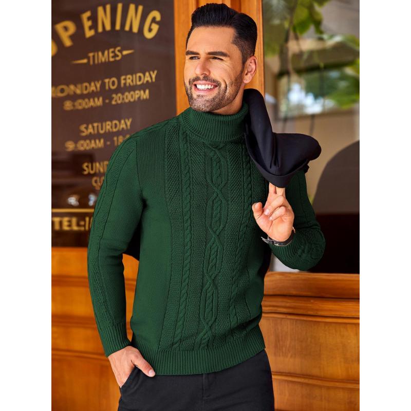 1pc Men'S Casual Turtleneck Sweater - Slim Fit, Polyester Knit Pullover, Twisted Cable Pattern, Long Sleeve, Regular Length - Warm and Cozy for Autumn Winter