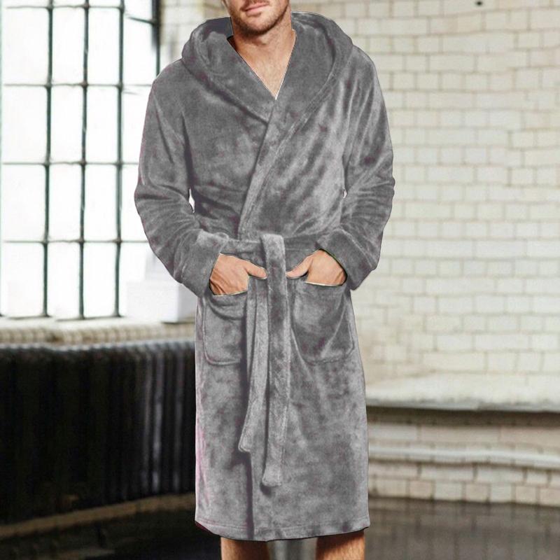 Mens Bathrobe Winter Warm Casual Flannel Robe Sleepwear Long Sleeve Plush Male Bath Robe Lounge Nightgown Homewear Pajamas