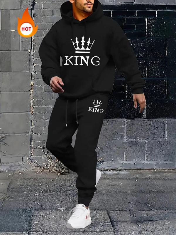 Men's Thermal Lined King Print Sweatshirt & Drawstring Waist Sweatpants Two-piece Set, Casual Long Sleeve Hooded Pullover & Pocket Jogger Pants for Fall & Winter, Men's Clothes for Daily Wear