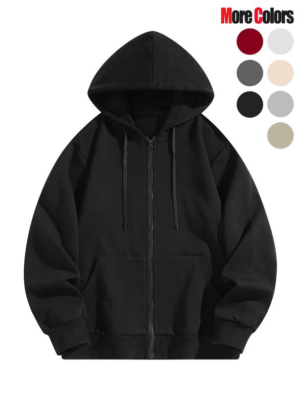 Unisex Men's Solid Color Zip Up Jackets, Loose Casual Long Sleeve Hooded Tops for Fall & Winter, Men's Clothes for Daily Wear