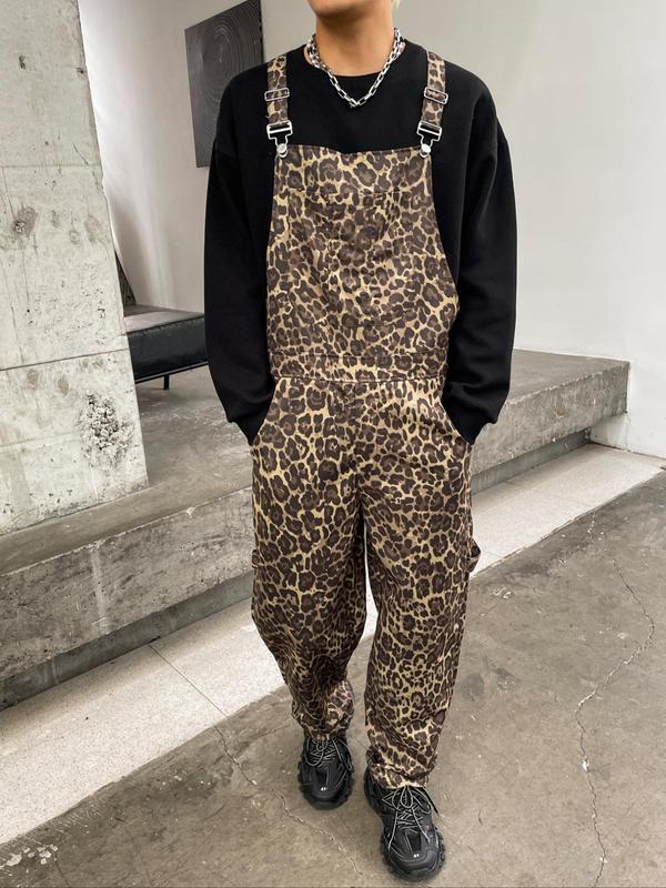  All Over Leopard Print Suspender Pants, Casual Comfy Regular Fit Overalls Trousers for Daily Wear, Men's Bottoms for All Seasons