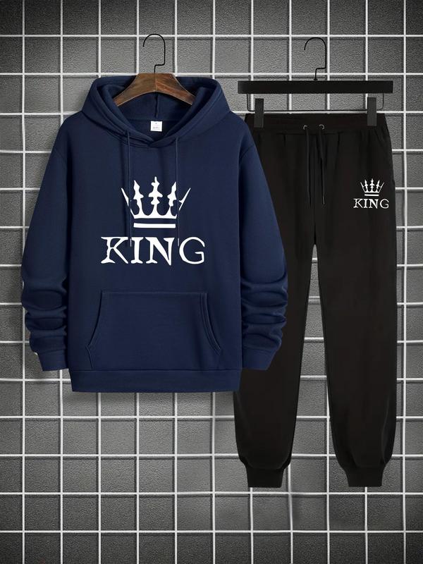 Men's Thermal Lined King Print Sweatshirt & Drawstring Waist Sweatpants Two-piece Set, Casual Long Sleeve Hooded Pullover & Pocket Jogger Pants for Fall & Winter, Men's Clothes for Daily Wear