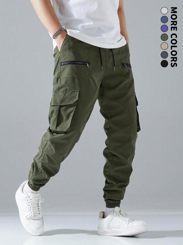 Men's Solid Color Pocket Zipper Cargo Pants, Regular Fit Casual Comfy Drawstring Elastic Waist Trousers for Daily Wear, Men's Bottoms for All Seasons