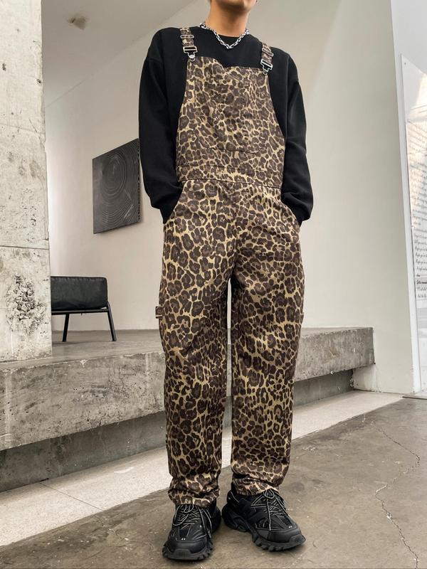  All Over Leopard Print Suspender Pants, Casual Comfy Regular Fit Overalls Trousers for Daily Wear, Men's Bottoms for All Seasons