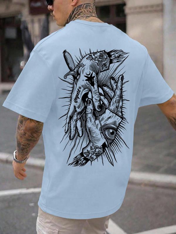 Unisex Men's Cartoon Hands Print Drop Shoulder Round Neck Tee, Back To School Outfits, Regular Fit Street Casual Crew Neck Short Sleeve T-Shirt for Summer, Graphic Tees, Streetwear for Daily Wear