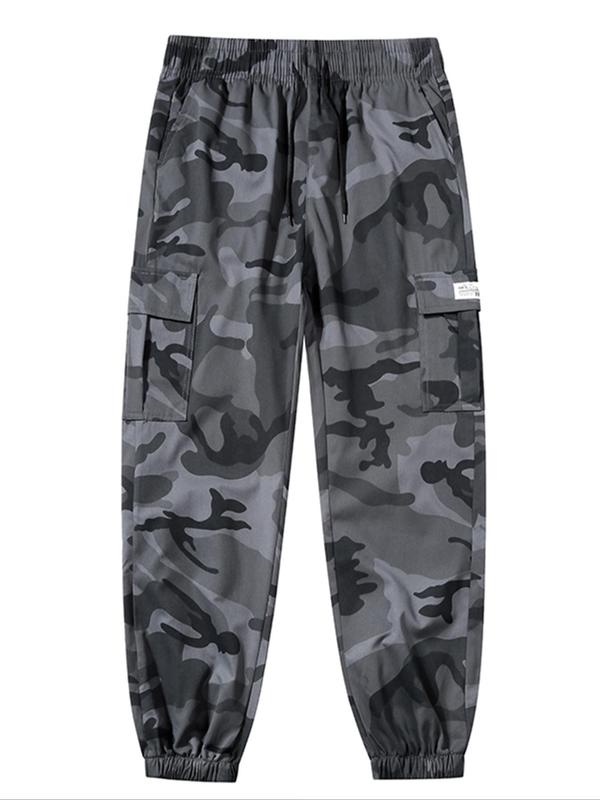 Men's All Over Camo Print Patched Drawstring Waist Cargo Pants, Regular Fit Casual Pocket Trousers for Spring & Fall, Fashion Men's Bottoms for Daily Wear