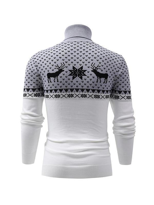 NOWRAIN Men's Animal Deer Print Jacquard Sweater, Casual Long Sleeve High Neck Jumper For Fall & Winter, Men's Knitwear For Daily Wear