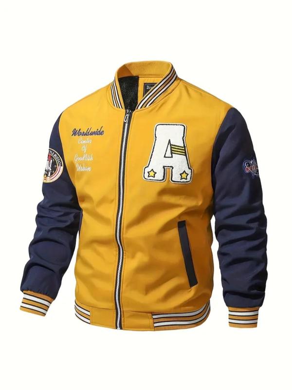 Men's Letter Patched Zip Up Pocket Sports Baseball Jacket, Back To School Clothes, Casual Sporty Long Sleeve Stand Collar Outerwear for Daily Wear,  Men's Clothing, Bomber Jacket, Men's Sportswear for All Seasons, Fall Outfits, Fallfreshness