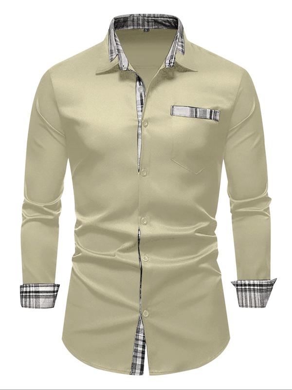  Men's Patchwork Print Button Front Shirt, Regular Fit Casual Long Sleeve Collared Top for Summer, Men's Clothes for Daily Wear