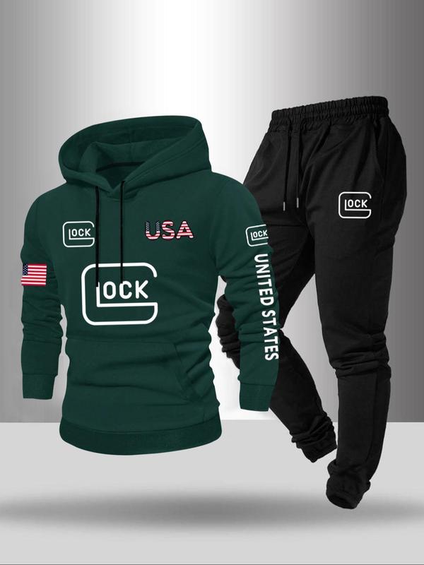 Men's Letter Print Hoodie & Pocket Sweatpants Two-piece Set, Casual Loose Hooded Sweatshirt & Jogger Pants for Fall & Winter, Men's Two-piece Outfits for Outdoor Activities