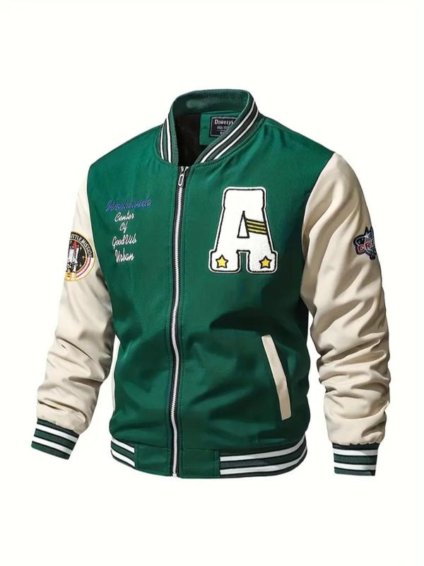 Men's Letter Patched Zip Up Pocket Sports Baseball Jacket, Back To School Clothes, Casual Sporty Long Sleeve Stand Collar Outerwear for Daily Wear,  Men's Clothing, Bomber Jacket, Men's Sportswear for All Seasons, Fall Outfits, Fallfreshness