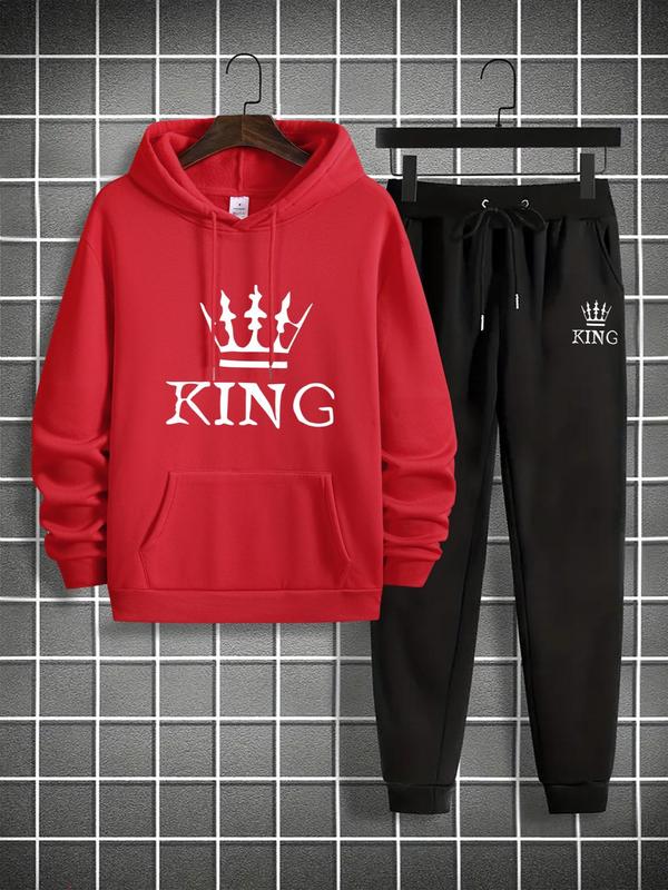 Men's Thermal Lined King Print Sweatshirt & Drawstring Waist Sweatpants Two-piece Set, Casual Long Sleeve Hooded Pullover & Pocket Jogger Pants for Fall & Winter, Men's Clothes for Daily Wear