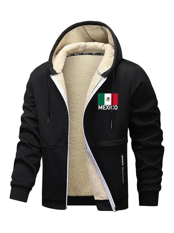 Men's Mexico Flag & Letter Print Zip Up Fleece Jacket, Regular Fit Casual Long Sleeve Outerwear for Fall & Winter, Men's Clothes for Daily Wear