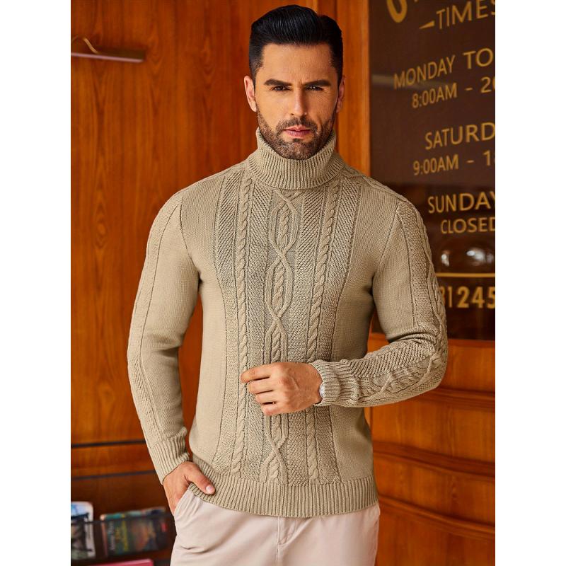 1pc Men'S Casual Turtleneck Sweater - Slim Fit, Polyester Knit Pullover, Twisted Cable Pattern, Long Sleeve, Regular Length - Warm and Cozy for Autumn Winter