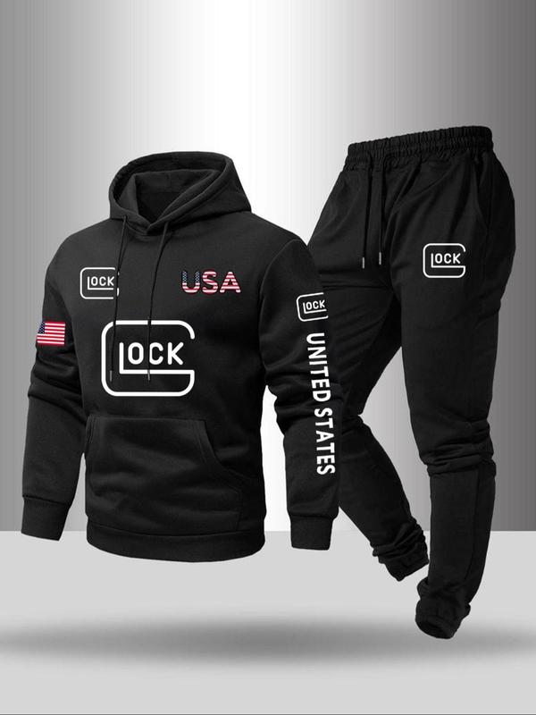 Men's Letter Print Hoodie & Pocket Sweatpants Two-piece Set, Casual Loose Hooded Sweatshirt & Jogger Pants for Fall & Winter, Men's Two-piece Outfits for Outdoor Activities