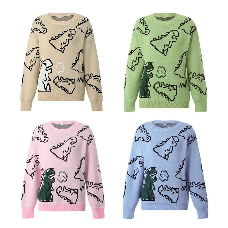 Sweater men and women Harajuku fashion knitted hip-hop dinosaur cartoon pullover O-neck oversized casual couple sweater