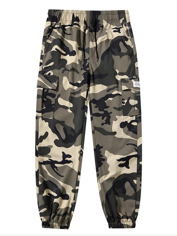 Men's All Over Camo Print Patched Drawstring Waist Cargo Pants, Regular Fit Casual Pocket Trousers for Spring & Fall, Fashion Men's Bottoms for Daily Wear