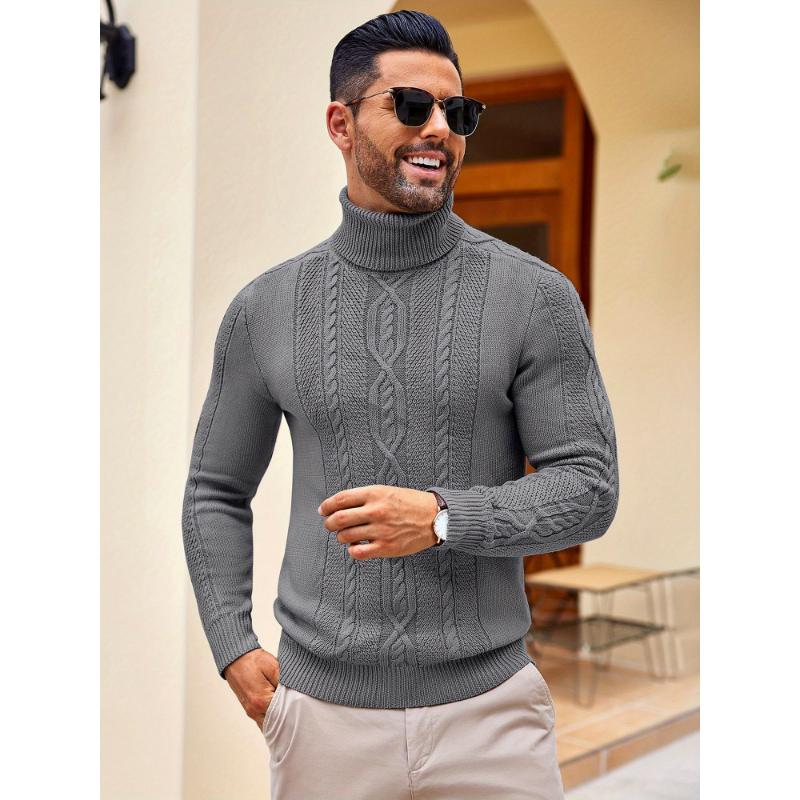 1pc Men'S Casual Turtleneck Sweater - Slim Fit, Polyester Knit Pullover, Twisted Cable Pattern, Long Sleeve, Regular Length - Warm and Cozy for Autumn Winter