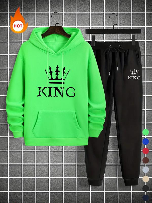 Men's Thermal Lined King Print Sweatshirt & Drawstring Waist Sweatpants Two-piece Set, Casual Long Sleeve Hooded Pullover & Pocket Jogger Pants for Fall & Winter, Men's Clothes for Daily Wear