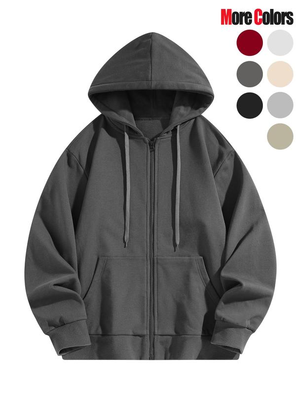 Unisex Men's Solid Color Zip Up Jackets, Loose Casual Long Sleeve Hooded Tops for Fall & Winter, Men's Clothes for Daily Wear