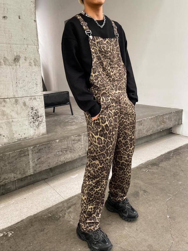  All Over Leopard Print Suspender Pants, Casual Comfy Regular Fit Overalls Trousers for Daily Wear, Men's Bottoms for All Seasons