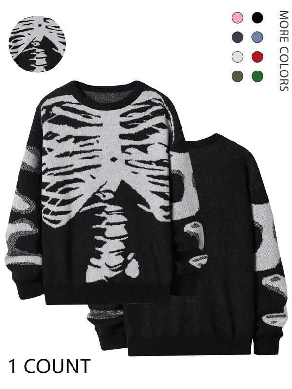 Emo Outfits Men's Stylish Skeleton Print Round Neck Long Sleeve Fall Jumper, Loose Stylish Comfy Crew Neck Sweater, Going Out Outfit, Fall Sweaters, Men Knitwear Pullover Tops, Menswear Clothes, Drippy Outfits, Fall Outfits, Fallfreshness