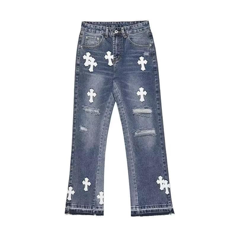 Fashion Casual High Street Vintage Cross Leather Patchwork Washed Distressed Destroyed Slightly Flared Men's and Women's Loose Jeans Trendy Cool Handsome