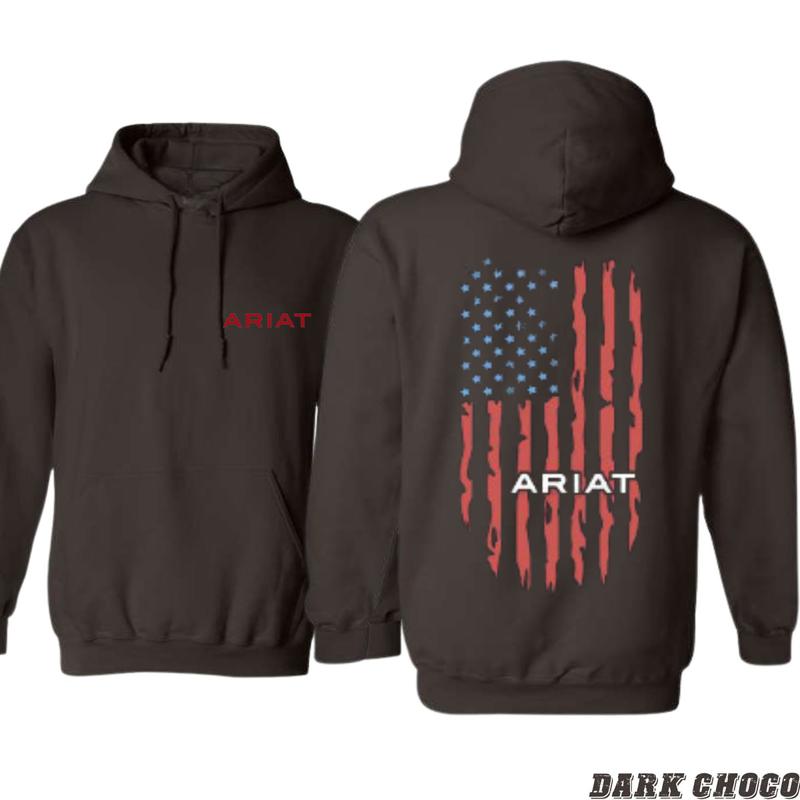 Ariat Hoodie - Distressed American Flag Design with Red Logo, Boyfriend Gift . Gildan, Long Sleeve, Unisex - Pullover, Tops