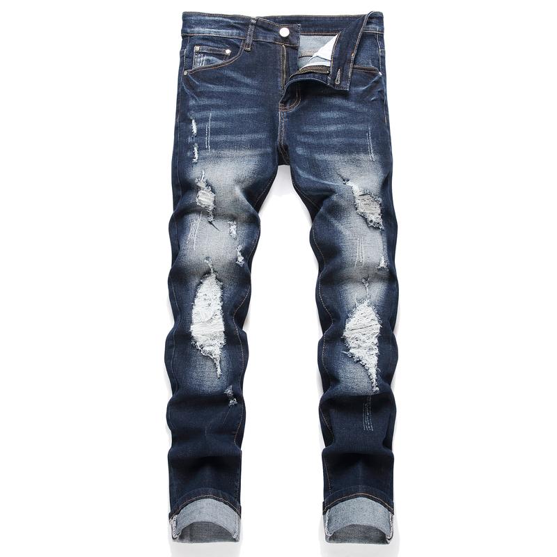 Men Jeans Design Fashion Runway Hiphop Slim Hole Offset Printing Distressed Ripped Cotton Beggar Denim Pants Menswear Garment