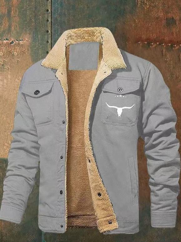 Men's Retro Western Winter Fleece Jacket with Multi-Pocket Design - Menswear, Coats