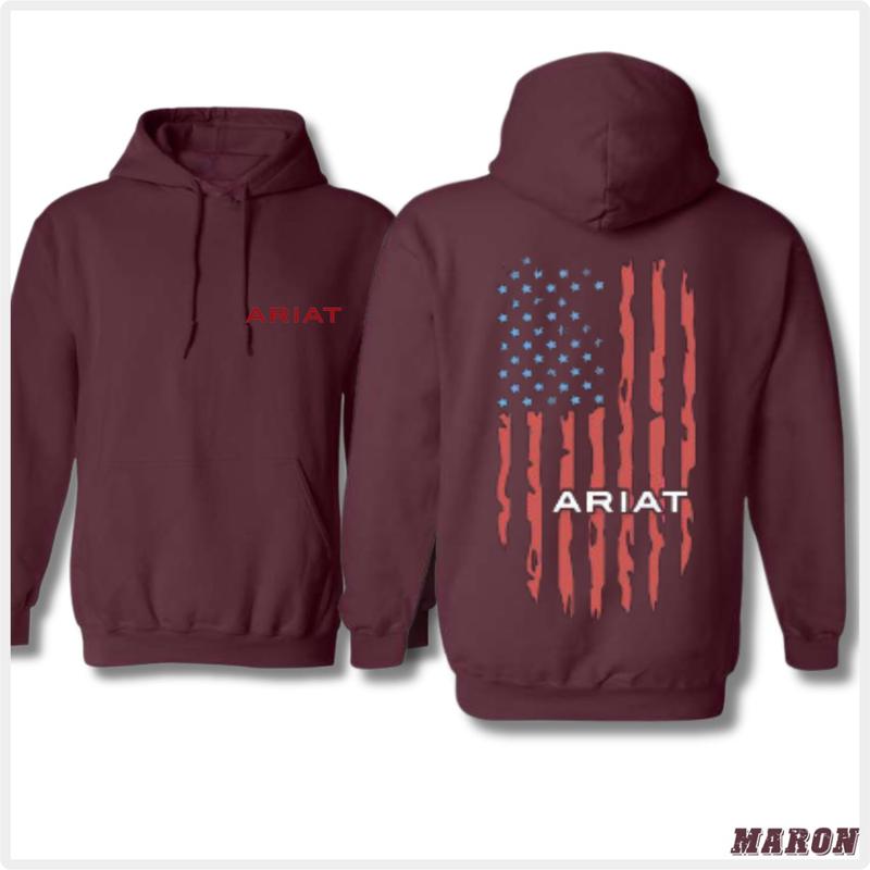 Ariat Hoodie - Distressed American Flag Design with Red Logo, Boyfriend Gift . Gildan, Long Sleeve, Unisex - Pullover, Tops