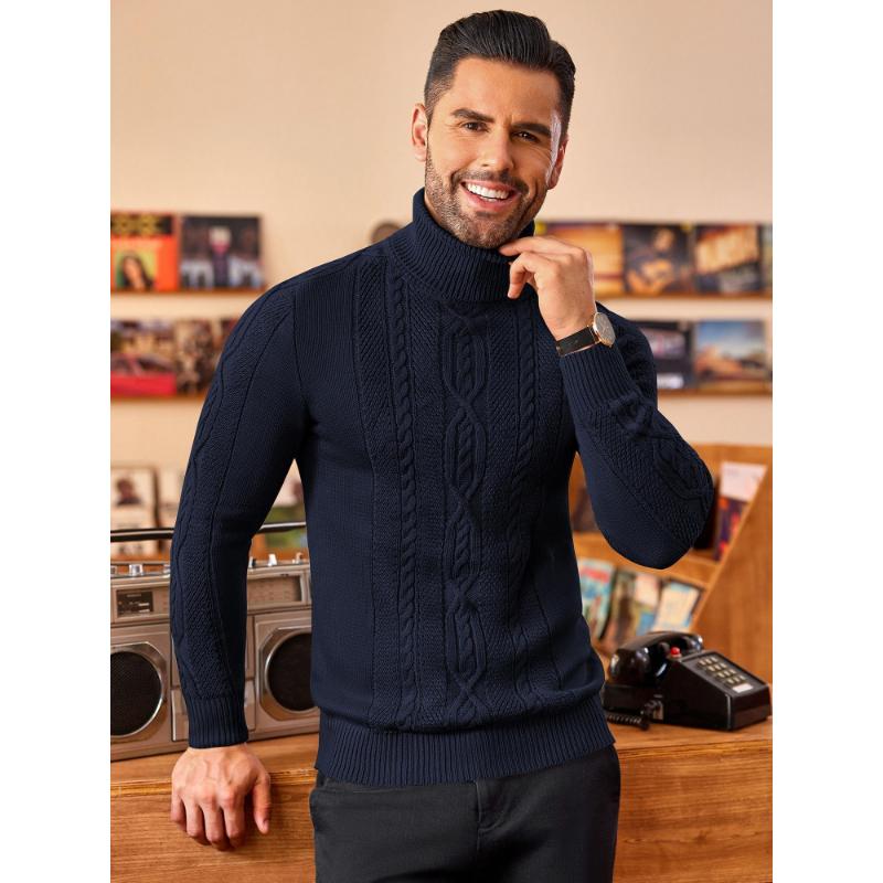 1pc Men'S Casual Turtleneck Sweater - Slim Fit, Polyester Knit Pullover, Twisted Cable Pattern, Long Sleeve, Regular Length - Warm and Cozy for Autumn Winter