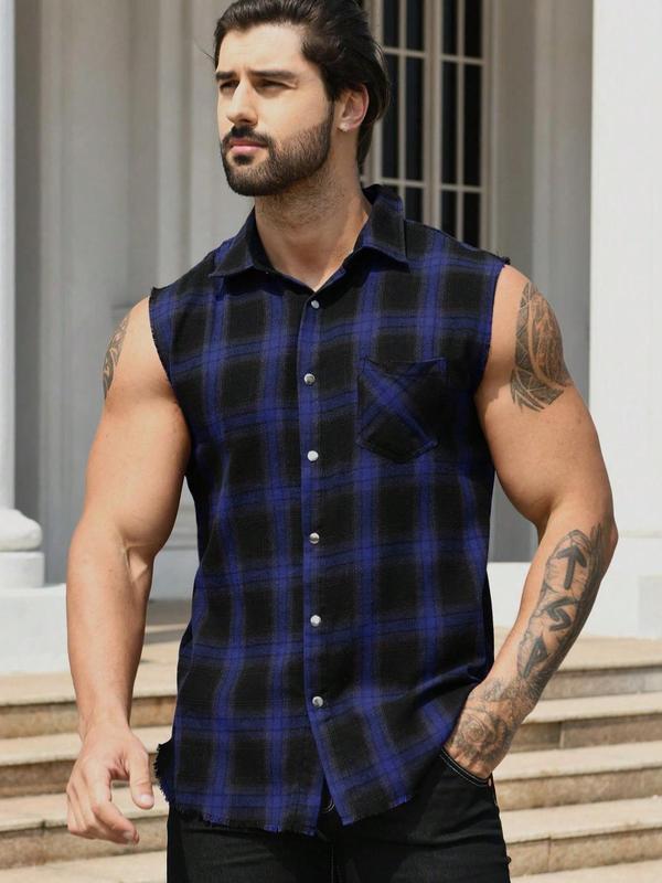 Men's Plaid Print Button Front Raw Hem Sleeveless Shirt, Regular Fit Casual Pocket Collar Shirt for Summer, Fashion Men's Streetwear Top for Daily Wear